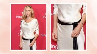 On the left, Kate Moss is pictured wearing a white silk dress and with a black manicure as she attends the 2024 King's Trust Global Gala at Cipriani South Street on May 02, 2024 in New York City/ alongside a close up of her nails