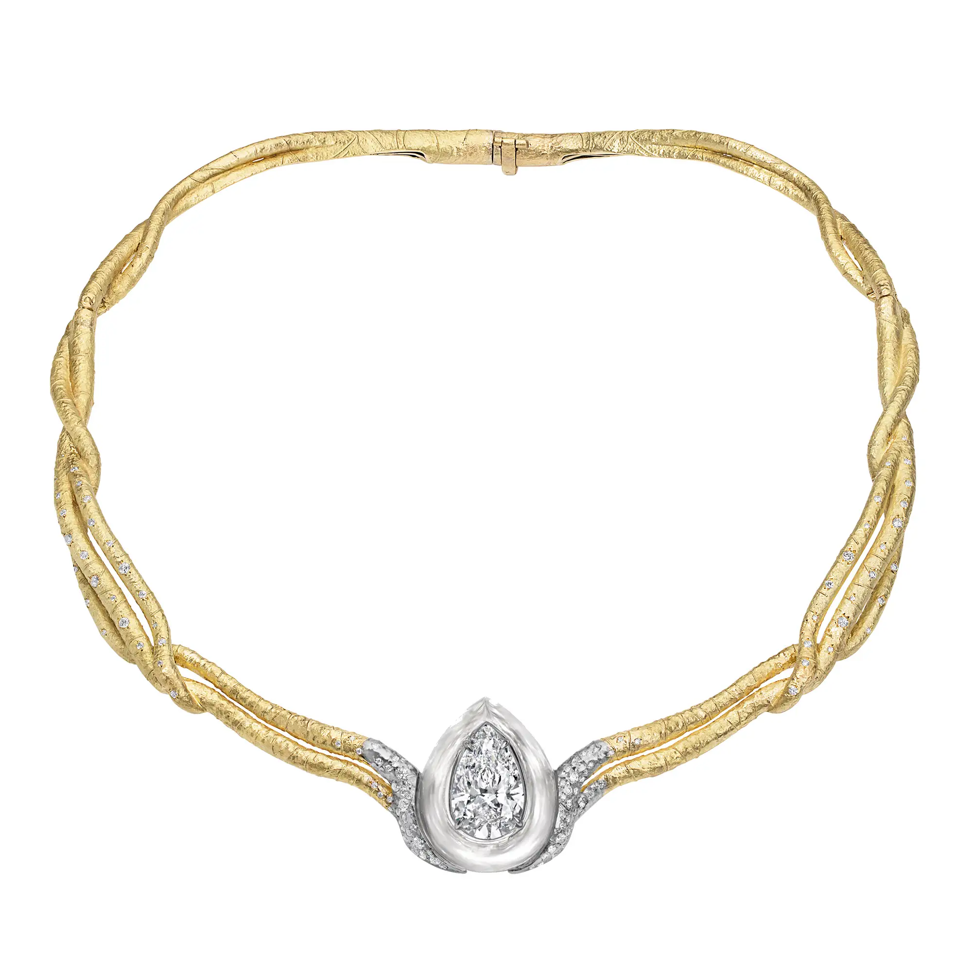 Necklace in 18k Fairmined textured gold set with white diamonds and rock crystal by Ana Khouri,