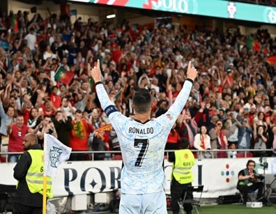 LISBON, PORTUGAL - SEPTEMBER 5: Cristiano Ronaldo of Portugal celebrates a goal during the UEFA Nations League 2024/25 League A Group A1 match between Portugal and Croatia at on September 5, 2024 in Lisbon, Portugal. (Photo by Zed Jameson/MB Media/Getty Images)