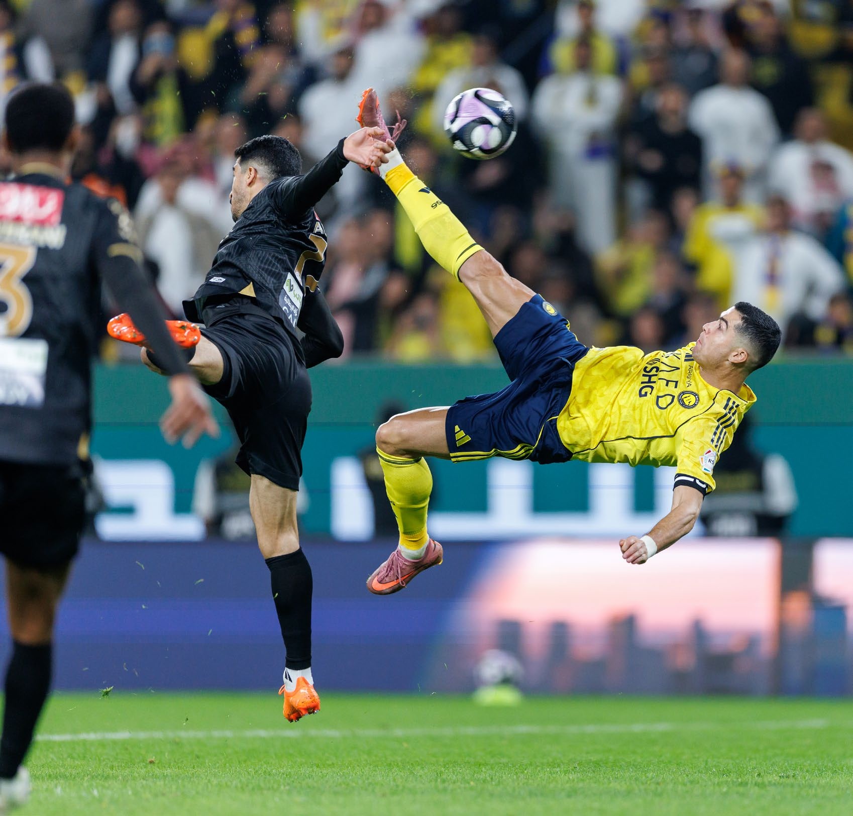 RIYADH, SAUDI ARABIA - NOVEMBER 23: Cristiano Ronaldo of team Al-Nassr FC scores their fourth goal during the Saudi Pro League match between Al Nassr and Al Khaleej at Al Awwal Park on November 23, 2025 in Riyadh, Saudi Arabia. (Photo by Abdullah Ahmed/Getty Images)