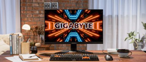 Gigabyte M32U gaming monitor on desk