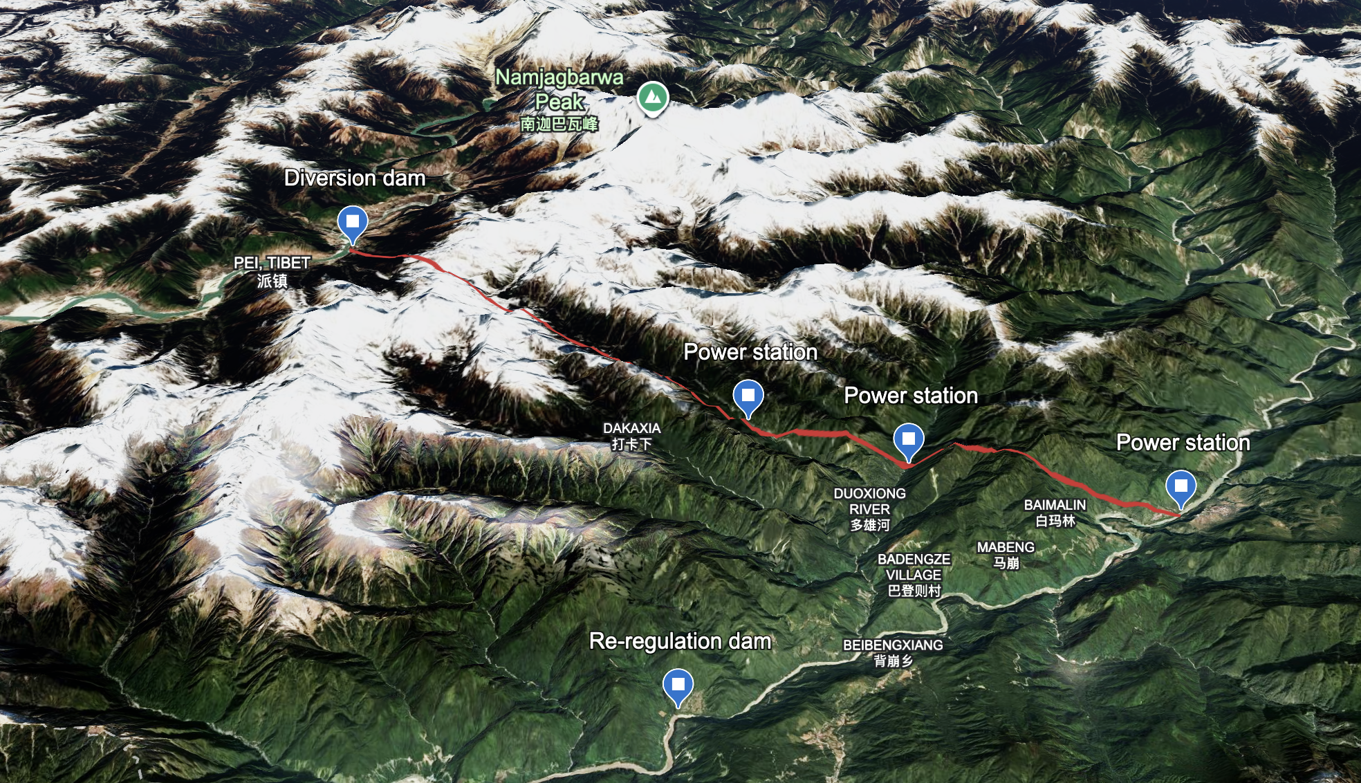 A satellite map of the Tibetan plateau, with a red line showing the river route