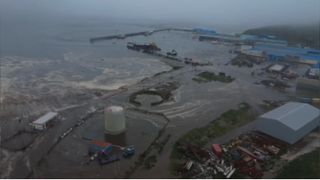 An aerial view of the city of Severo-Kurilsk flooded due to tsunami triggered by the 8.8 magnitude earthquake struck off Russia's Kamchatka Peninsula on July 30, 2025.
