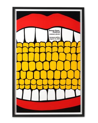 1970 ‘Sweet Corn Picnic’ poster by Stephen Frykholm. A drawing of an ear of corn in a mouth with white teeth and red lips.