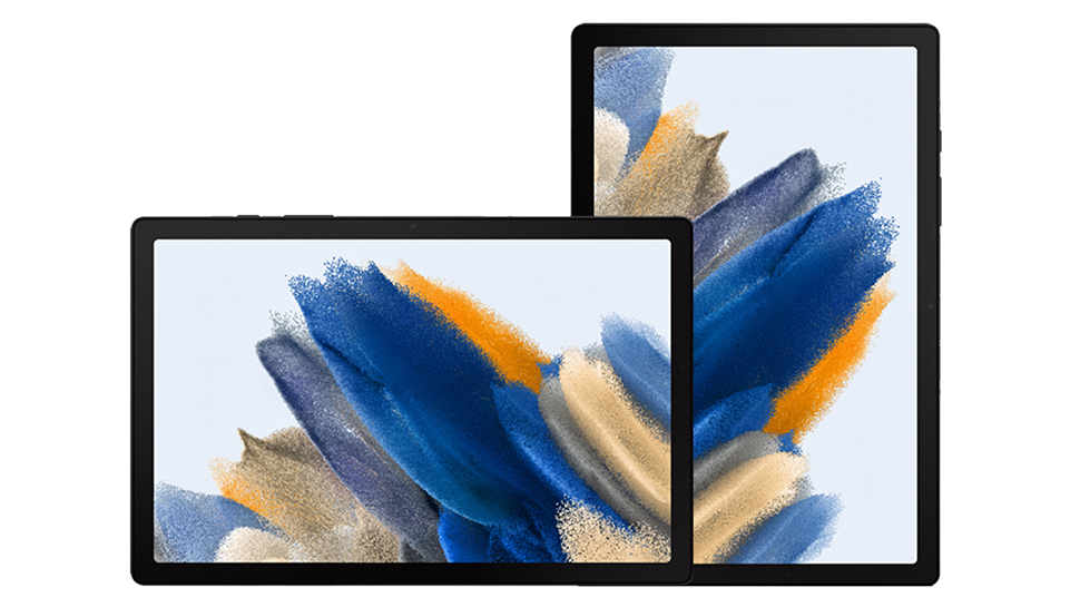 Two Samsung Galaxy Tab A8 tablets on a white background.
