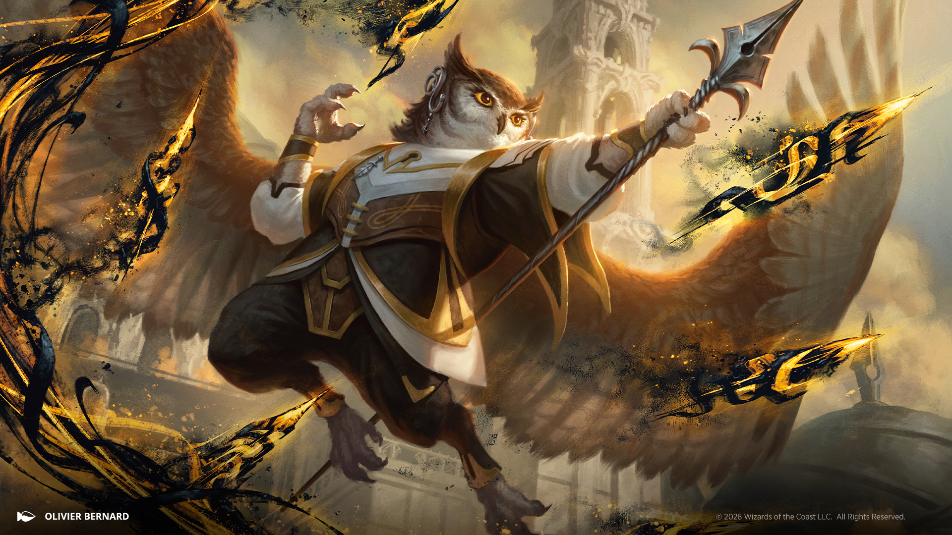 An owl with a spear flies outside a gothic building