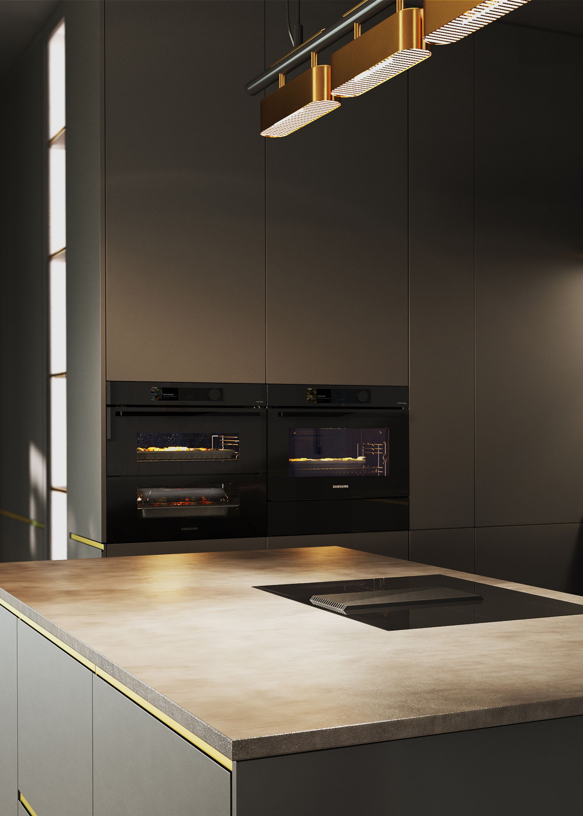 A kitchen with built in ovens as well as a large island in the middle with pendant lights hanging above