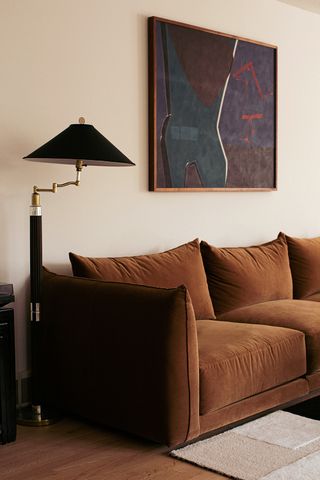 brown velvet sofa in contemporary living room