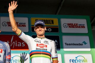 Dutch Mathieu van der Poel of Alpecin-Deceuninck pictured during the presentation of the teams ahead of the 'Renewi Tour' multi-stage cycling race starting tomorrow, on Tuesday 27 August 2024. The five-day race takes place in Belgium and the Netherlands.
BELGA PHOTO DAVID PINTENS (Photo by David Pintens / BELGA MAG / Belga via AFP)