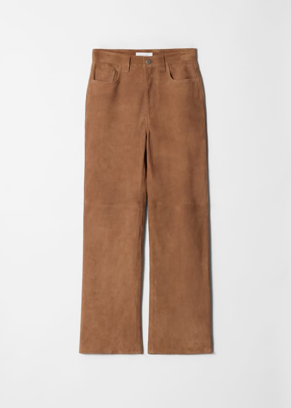 Slim, straight-cut leg brown suede pants.