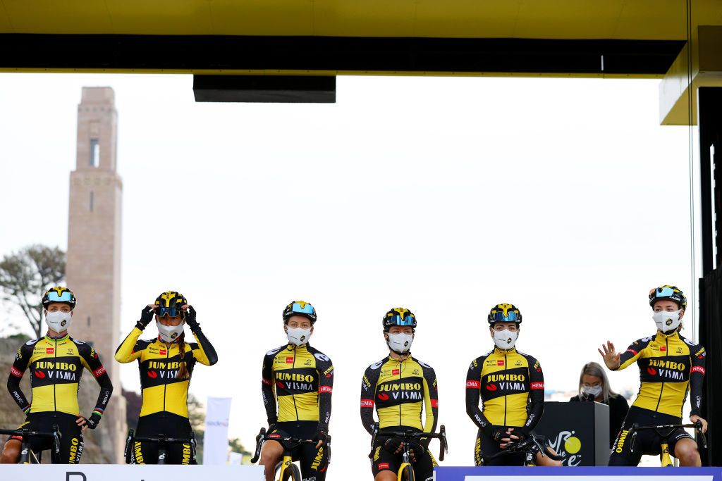 LANDERNEAU FRANCE JUNE 26 Marianne Vos of Netherlands Anna Henderson of United Kingdom Helena Koster Anouska of Netherlands Amber Kraak of Netherlands Riejanne Markus of Netherlands Karlijn Swinkels of Netherlands and Jumbo Visma Team at start during the 8th La Course By Le Tour De France 2021 a 1077km race from Brest to Landerneau Cte De La Fosse Aux Loups 176m LaCourse LeTour TDF2021 UCIWWT on June 26 2021 in Landerneau France Photo by Tim de WaeleGetty Images