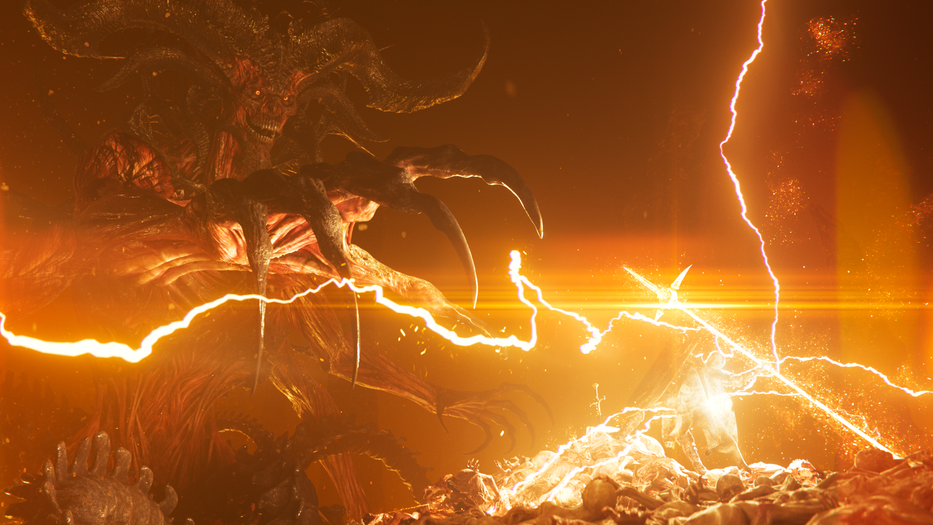 A screencap of the Diablo 4: Lord of Hatred paladin cinematic. A towering demon lord reaches toward a paladin holding a spear of light.