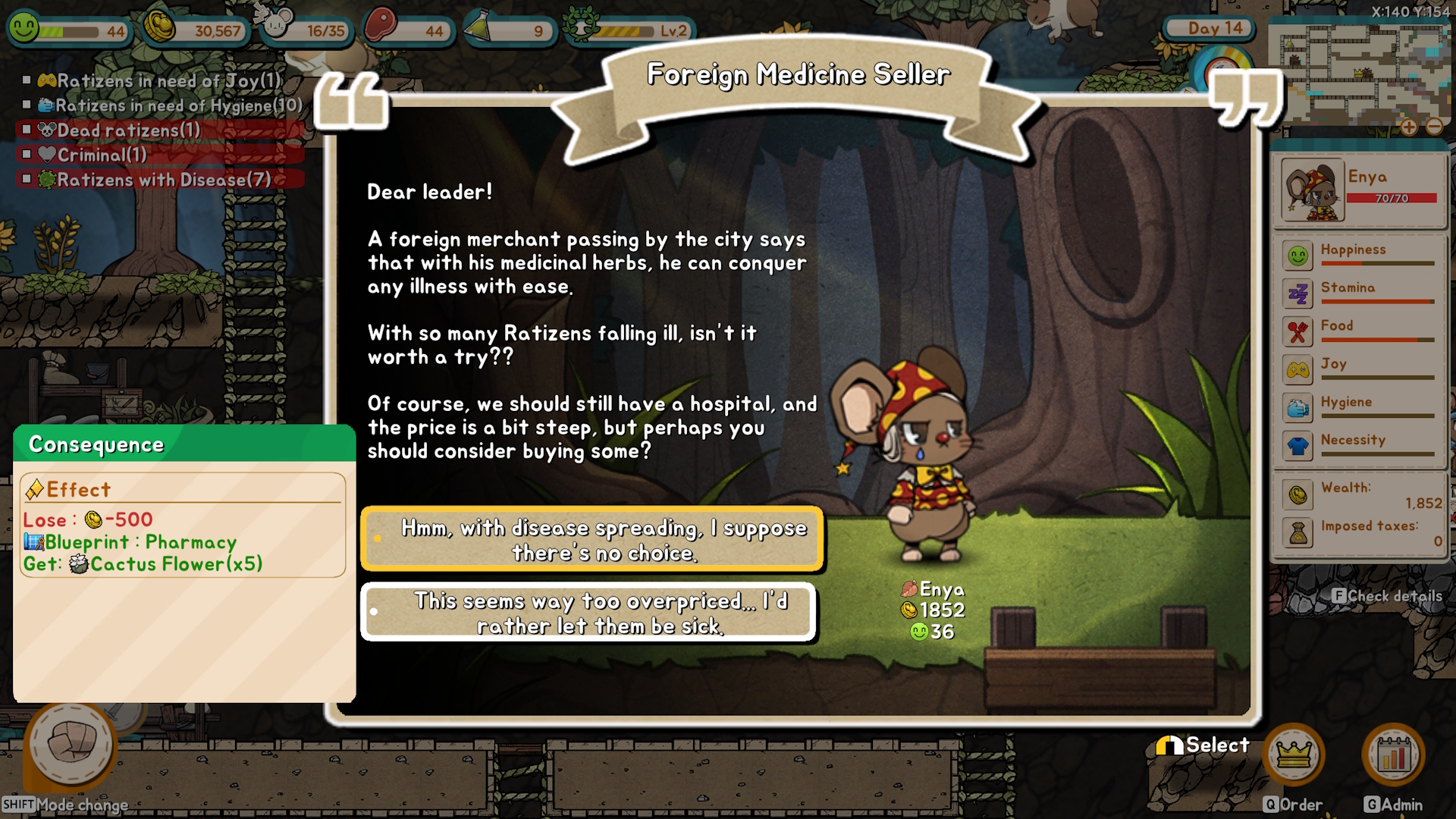 Ratopia screenshot of a medicine selling wares for ill rats