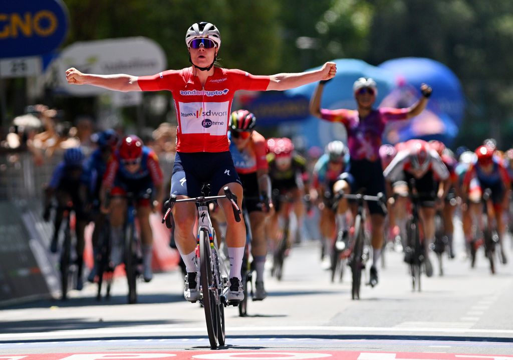 FOLIGNO ITALY JULY 11 Lotte Kopecky of Belgium and Team SD Worx Protime Red Sprint Jersey celebrates at finish line as stage winner during the 35th Giro dItalia Women 2024 Stage 5 a 108km stage from Frontone to Foligno UCIWWT on July 11 2024 in Foligno Italy Photo by Luc ClaessenGetty Images