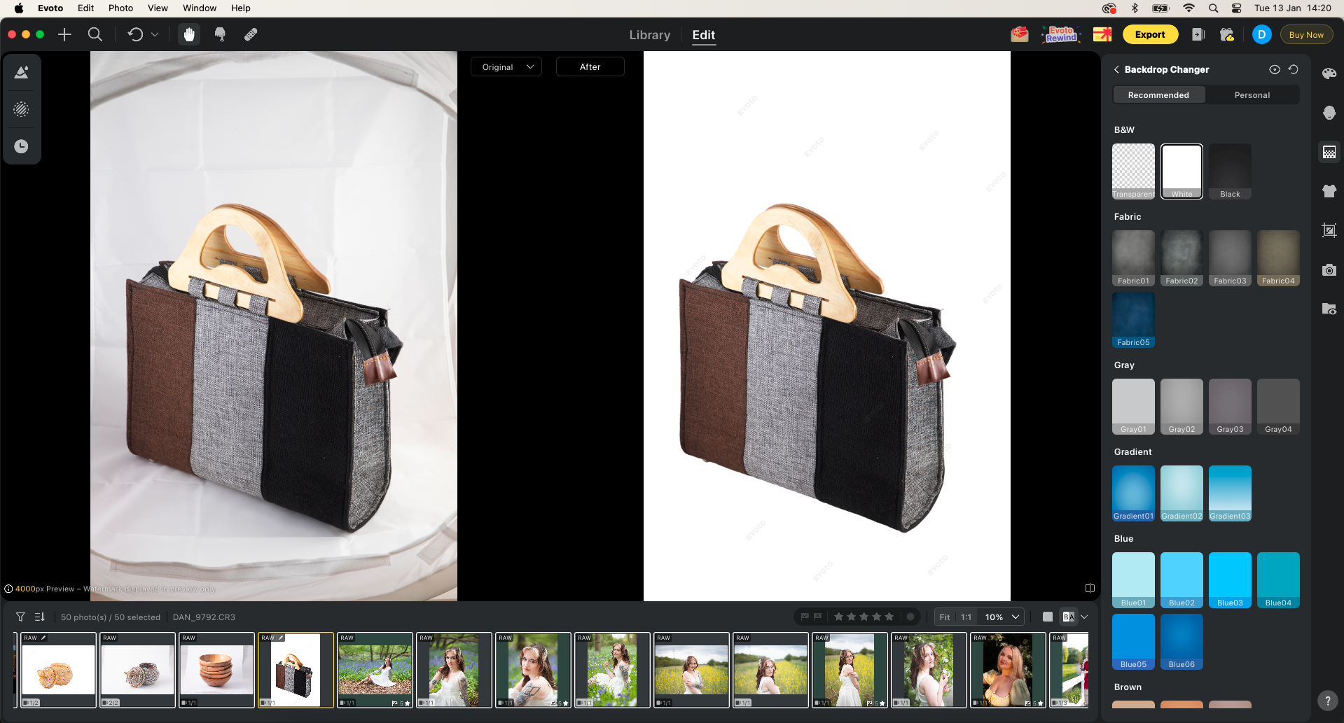 Evoto AI Desktop removing distracting background from a product image and turning it into a sleek white