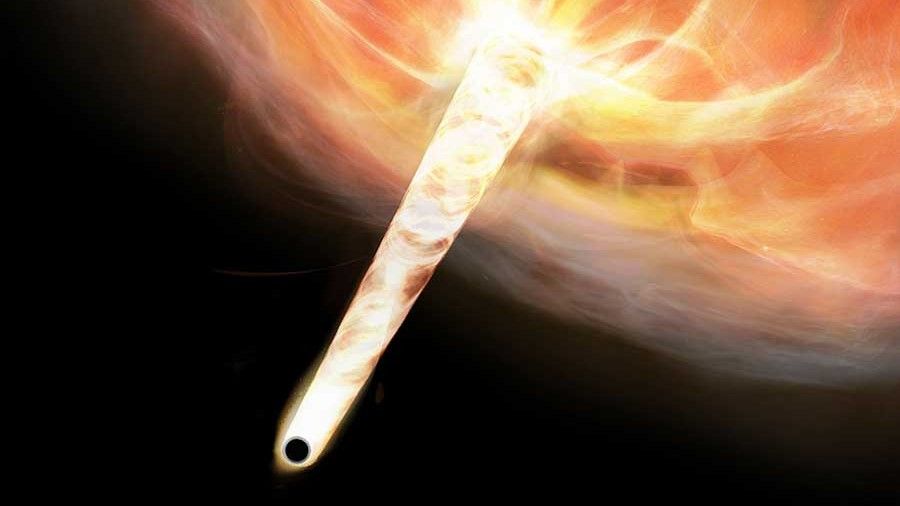 اكتشاف ثقب أسود “ متسرب ” بحجم 20 مليون شمس يجتاز الفضاء بسرعة مع وجود أثر من النجوم حديثة الولادة خلفه