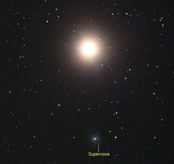 Skywatcher Oscar Martín Mesonero of Salamanca, Spain, writes: " … March 18, I was doing the Messier Marathon with members of the association. One project I had in mind … was to photograph the planet Mars with several galaxies of Leo.… The surprise came this morning when I [learned] that a supernova exploded in the galaxy M95. Quickly I checked the photos of that night and ... indeed there [it] was. Unwittingly photographed a supernova of magnitude +13.5, only 2 days after its discovery."