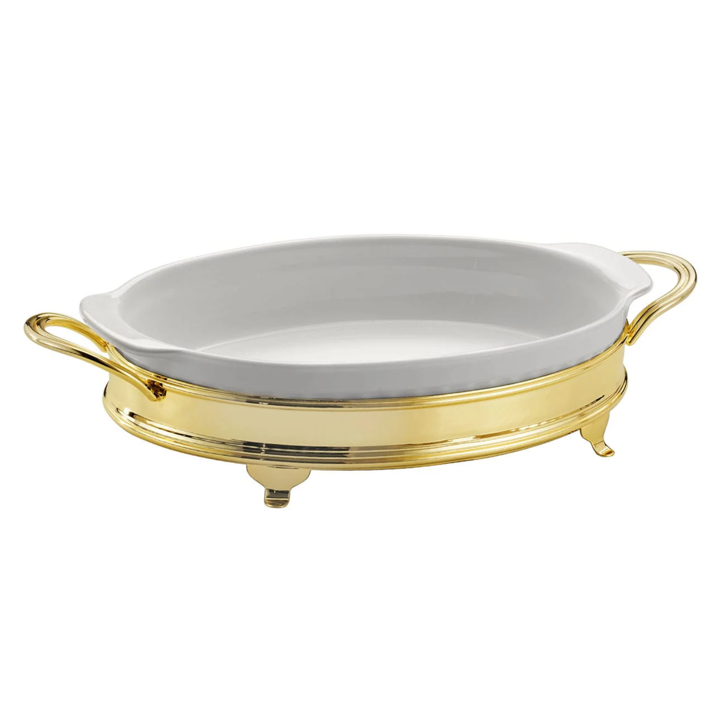 A ceramic oven baking dish with a gold holder by Bragagnolo Argenti