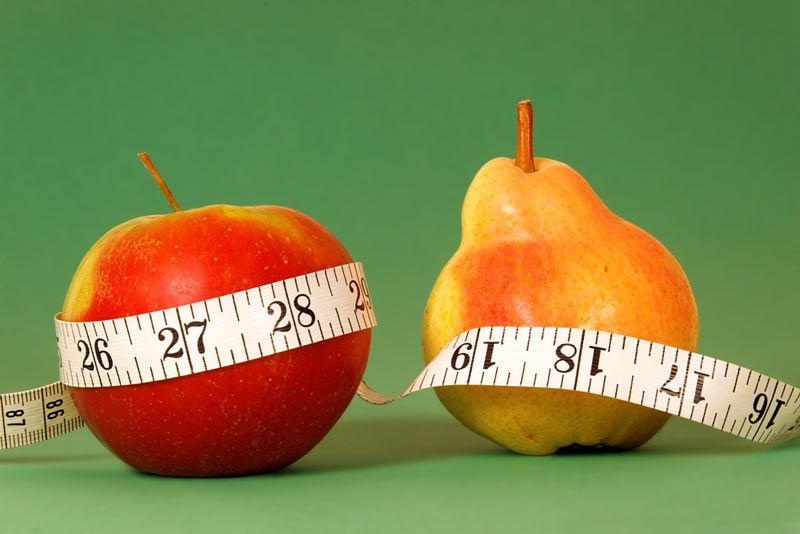 Types of female body shape. Apple and Pear with type measure on green background. 