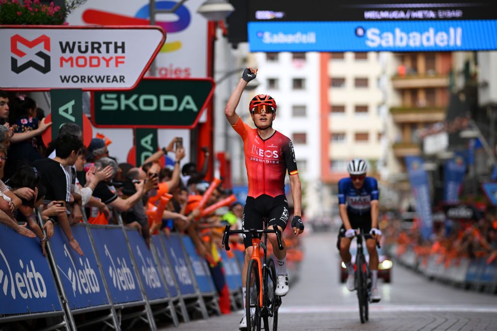 EIBAR SPAIN APRIL 06 Carlos Rodriguez of Spain and Team INEOS Grenadiers celebrates at finish line as stage winner during the 63rd Itzulia Basque Country 2024 Stage 6 a 1378km stage from Eibar to Eibar UCIWT on April 06 2024 in Eibar Spain Photo by Tim de WaeleGetty Images