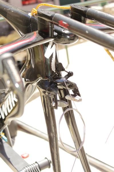 The front of the headtube is now fully exposed and the bike now uses the Transition's brake.