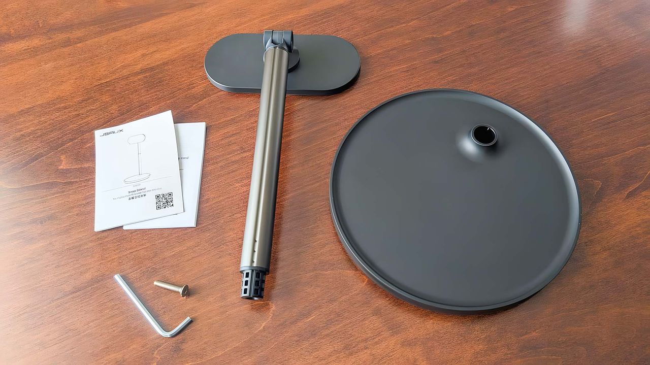 JSAUX Snap Stand stand, base, hex key, screw, and manuals.