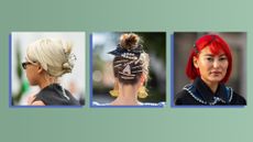 3 photos of hair clips hairstyles featuring claw grips, barrettes and slides