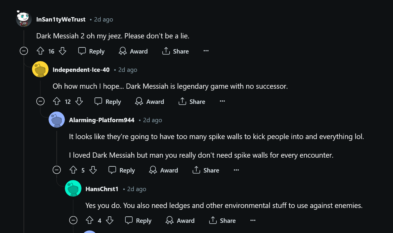 Reddit comments on Alkahest looking like Dark Messiah of Might and Magic, which is a great game