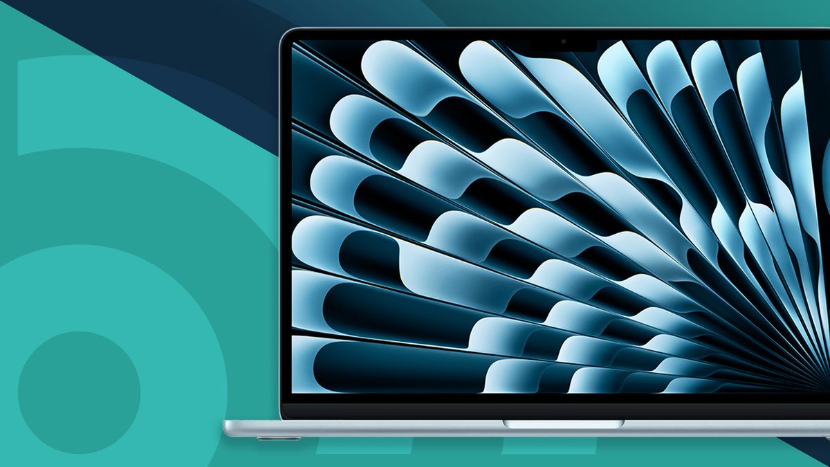 Apple MacBook Air 13-inch (M4) with screen open on blue background