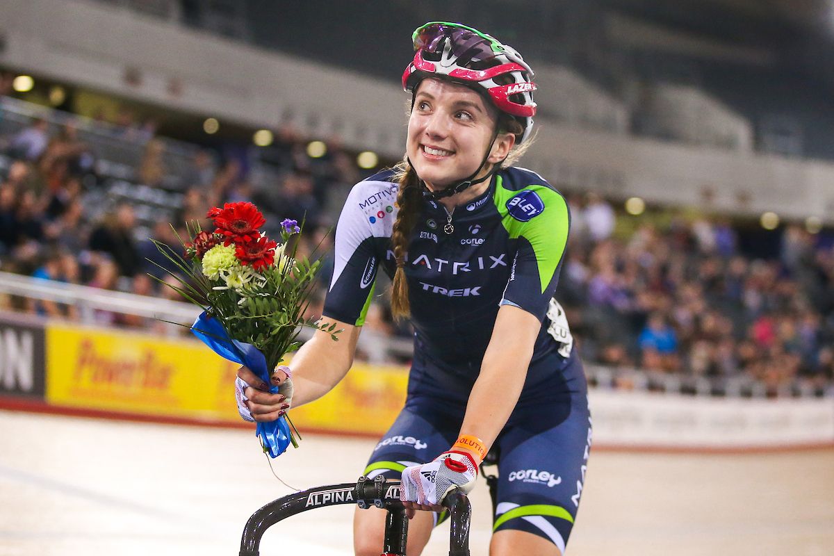 Matrix Fitness' Elinor Barker celebrates winning the Elimination race.