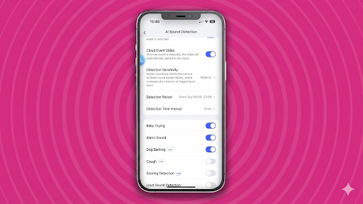 Screen grab of Aqara Home mobile app on iPhone screen showing sound detection options