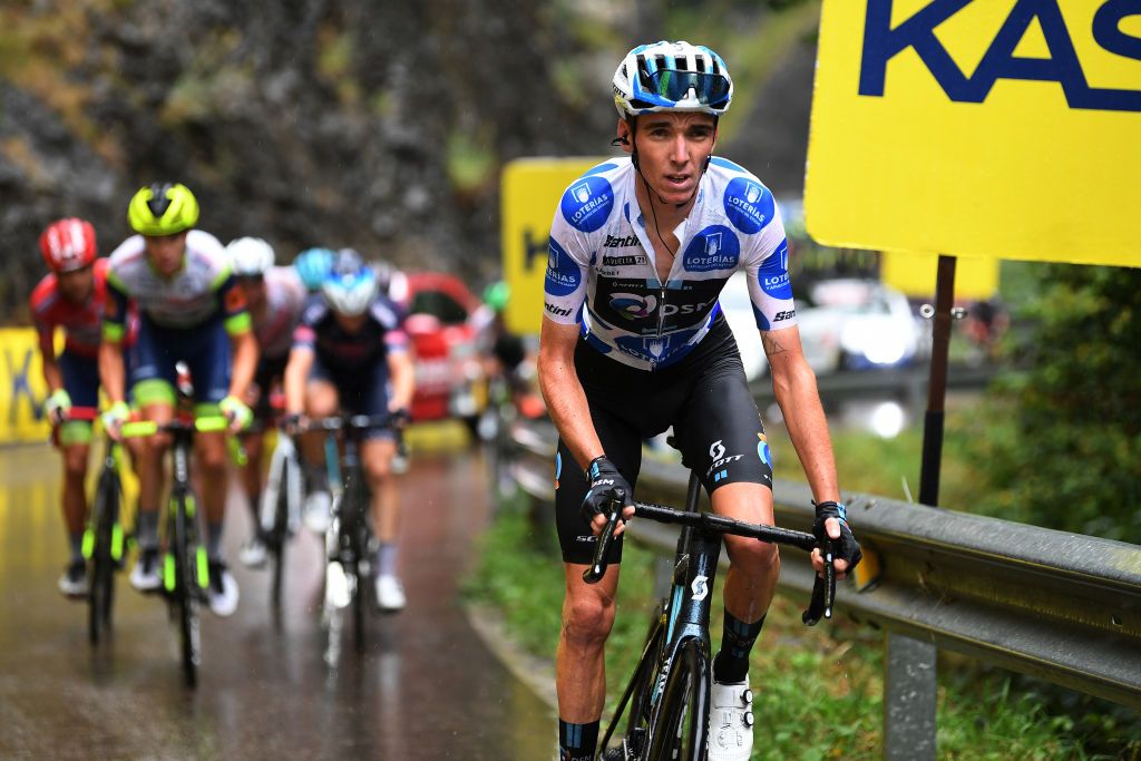 LAGOS DE COVADONGA SPAIN SEPTEMBER 01 Romain Bardet of France and Team DSM Polka Dot Mountain Jersey competes during the 76th Tour of Spain 2021 Stage 17 a 1855km stage from Unquera to Lagos de Covadonga 1085m lavuelta LaVuelta21 on September 01 2021 in Lagos de Covadonga Spain Photo by Tim de WaeleGetty Images