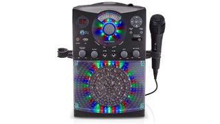 Karaoke machine with multi-colored lights and a microphone attached.