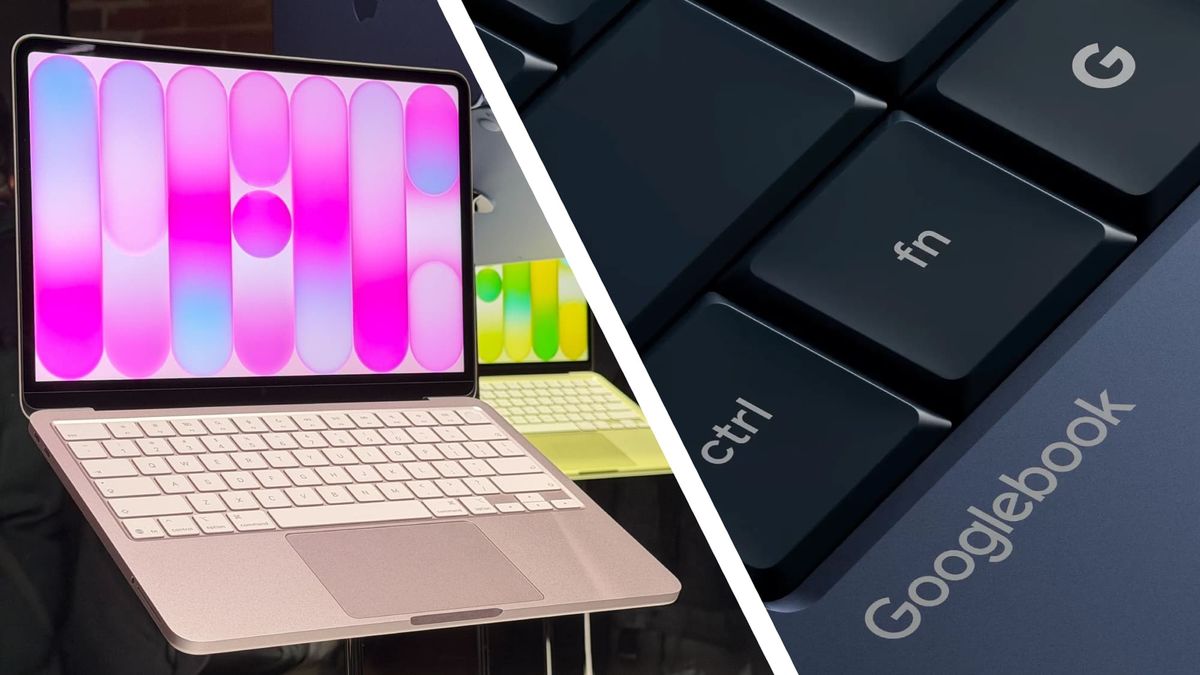Apple's MacBook Neo Googlebook ल्यापटपको क्लोज-अपको छेउमा।