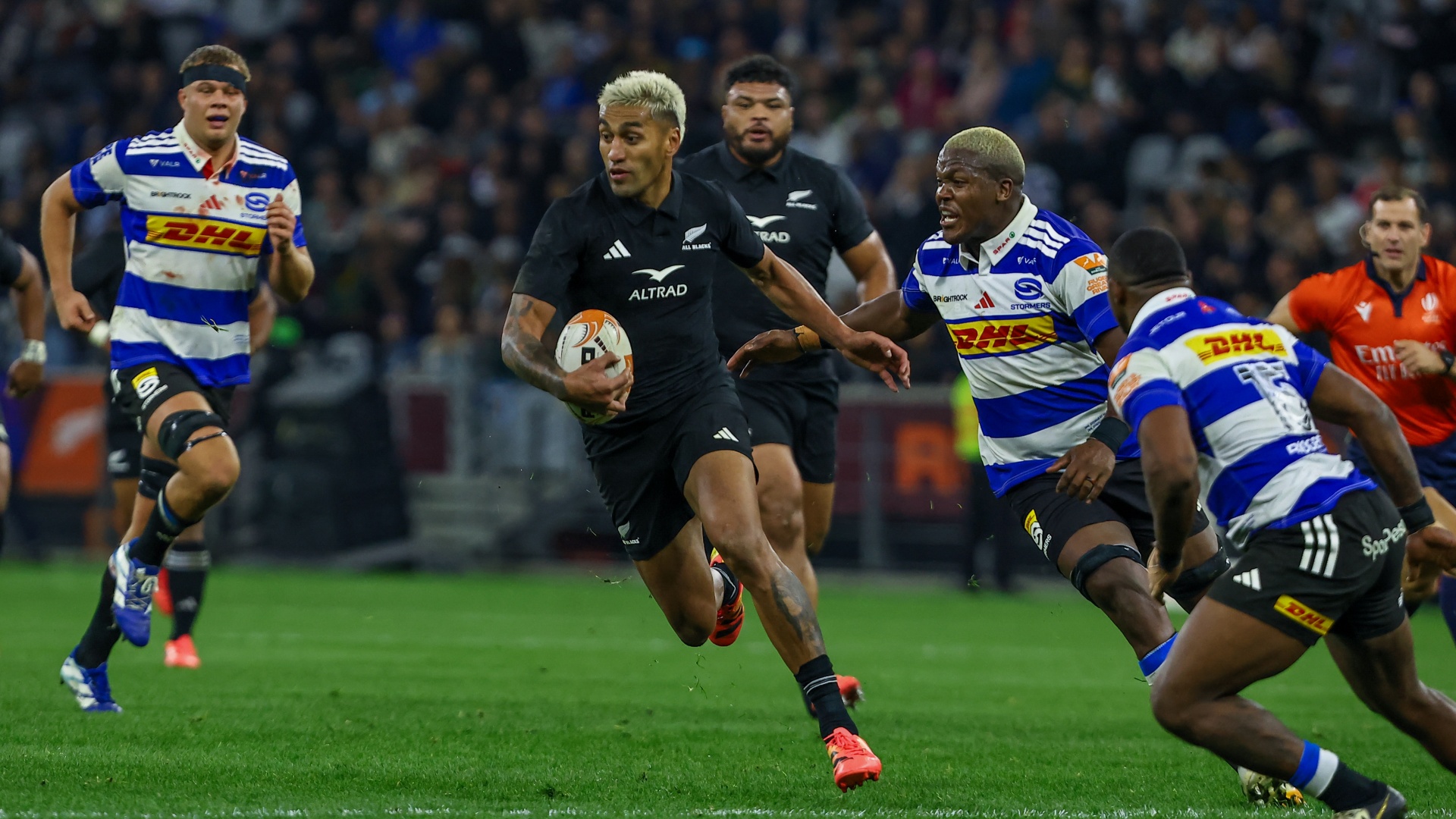 The All Blacks' Rieton Carter during the Rugby's Greatest Rivalry 2026 match between DHL Stormers and New Zealand