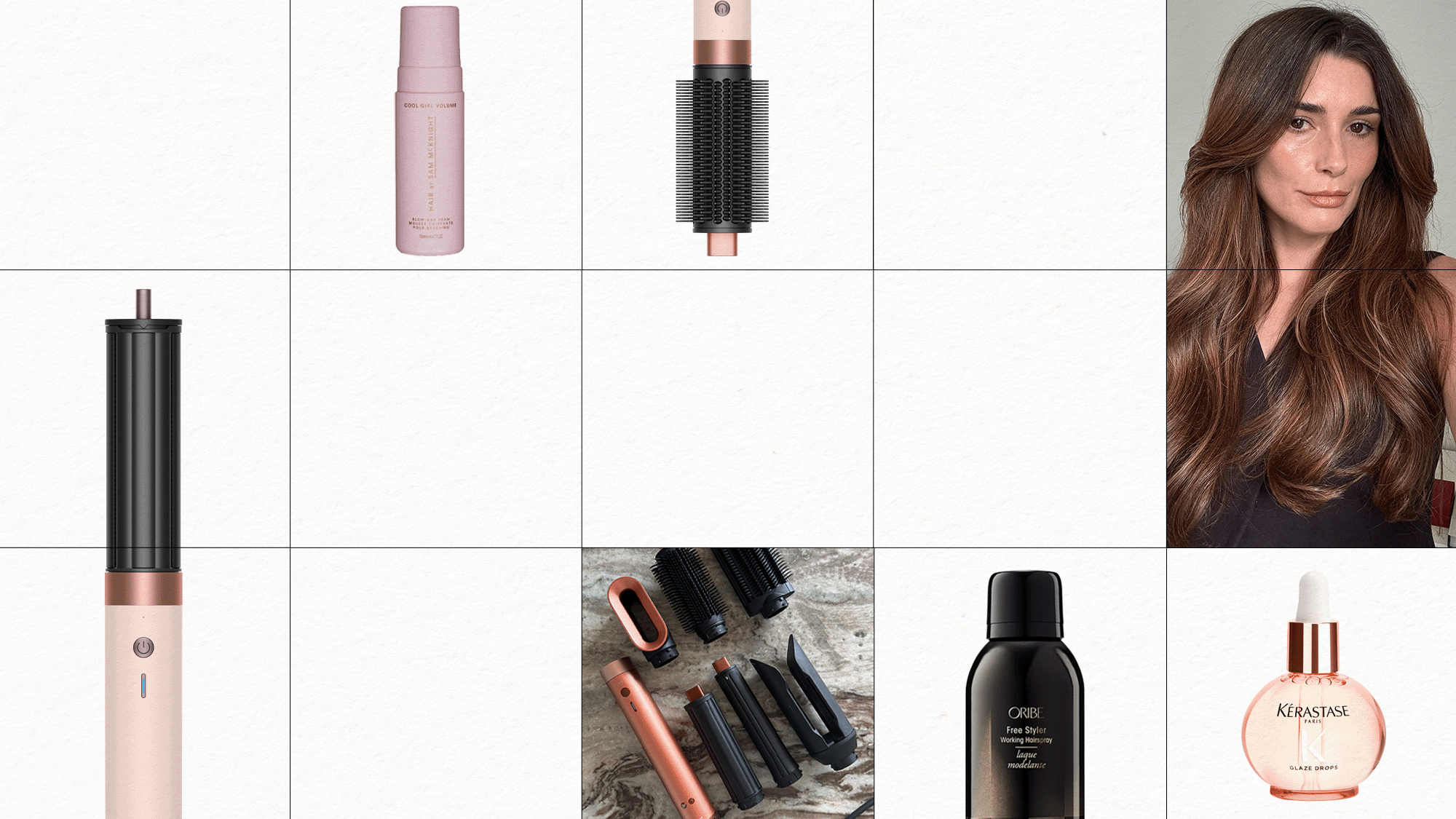 A collage of beauty editor Eleanor using the Dyson Airwrap, with hair products layered on top
