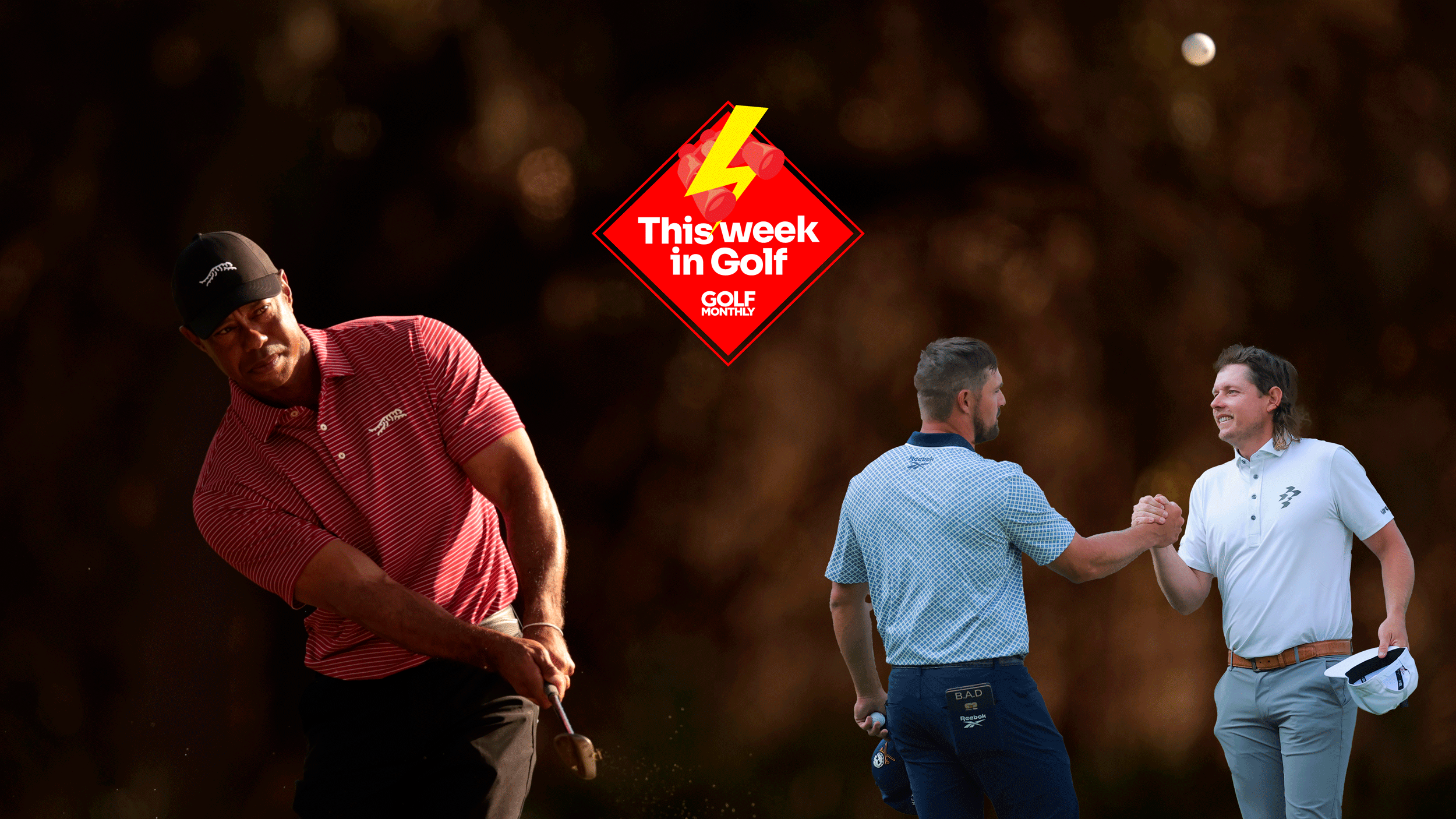 Tiger Woods hitting a chip (left), the This Week In Golf sticker (upper middle) and Bryson DeChambeau and Cameron Smith shake hands (right)