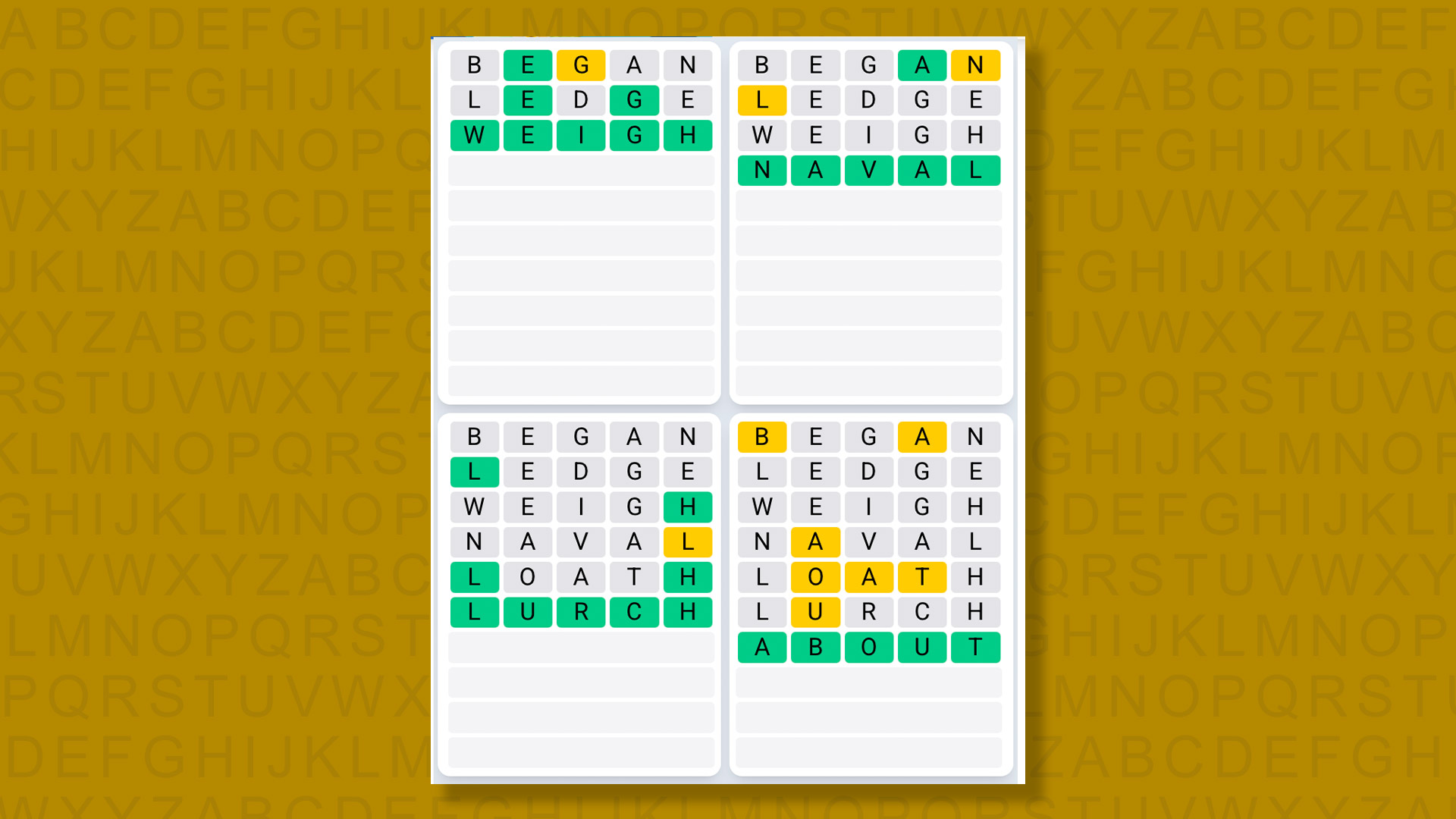 Quordle Daily Sequence answers for game 1443 on a yellow background