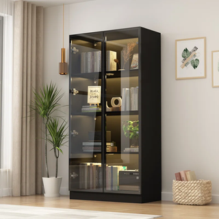 black cabinet with glass doors with lights