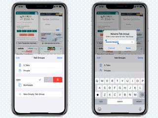 screens that show how to find the edit field by swiping and renaming the tab group name in Safari on iOS 15