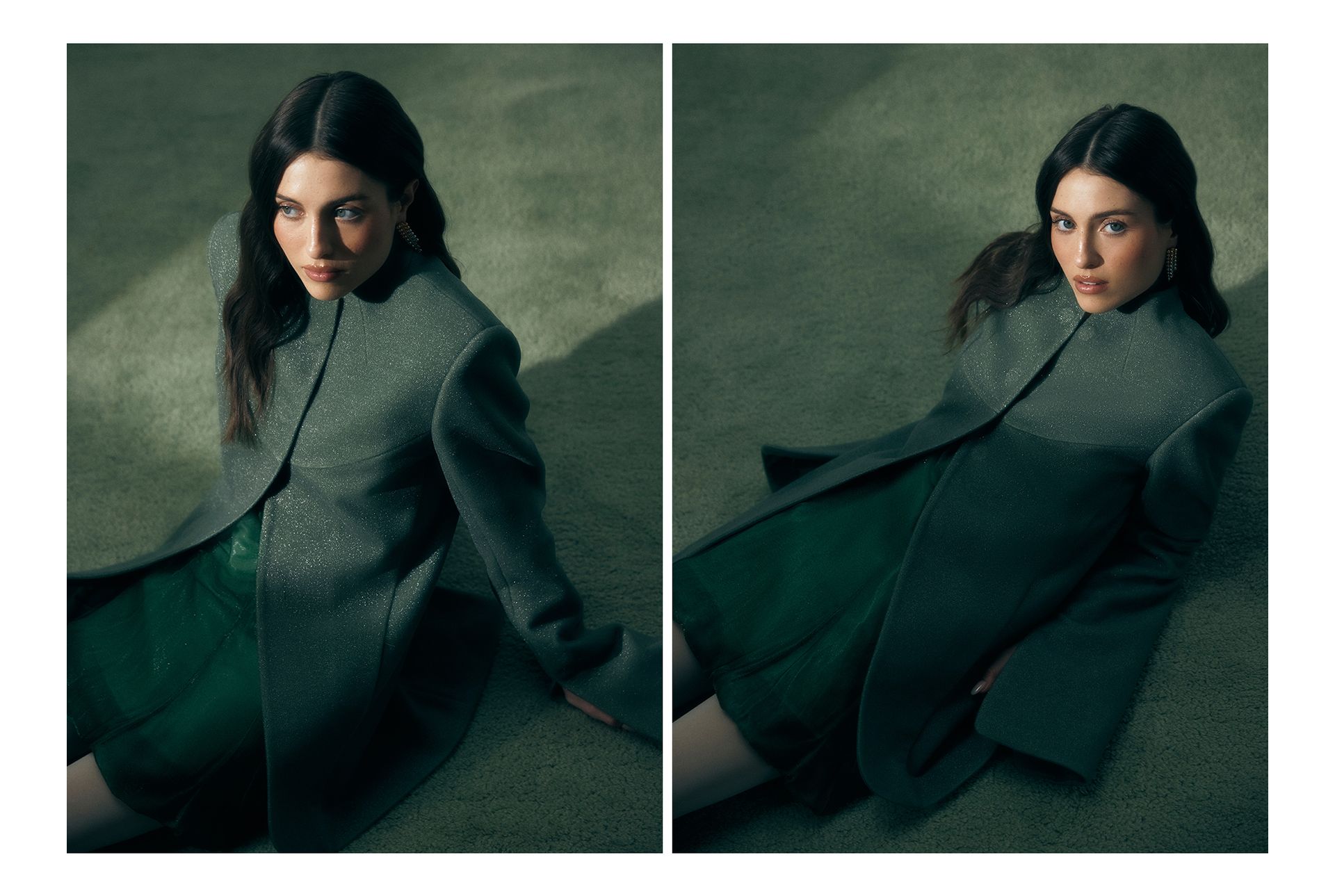 Madeline Argy sitting on green carpet wearing green jacket and dress by Tory Burch.