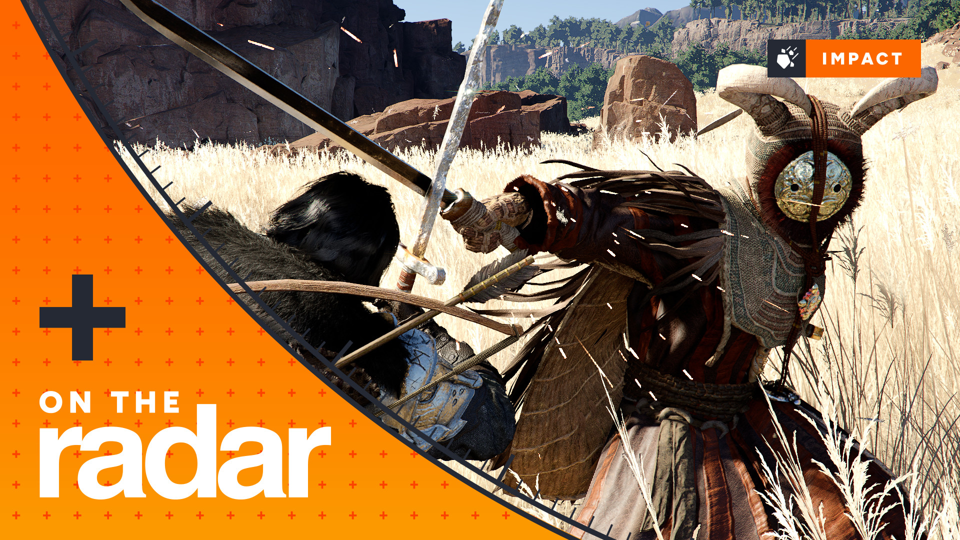 Kliff battles a warrior in a rabbit outfit in the middle of a field in Crimson Desert, with the GamesRadar On The Radar frame