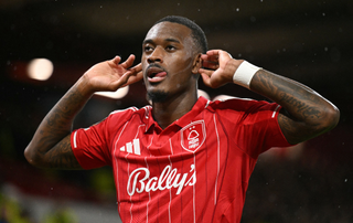 Callum Hudson-Odoi celebrates scoring the team's first goal during the UEFA Europa League Knockout Round Play-off second-leg football match between Nottingham Forest and Fenerbahce SK at The City Ground in Nottingham, central England, on February 26, 2026. 