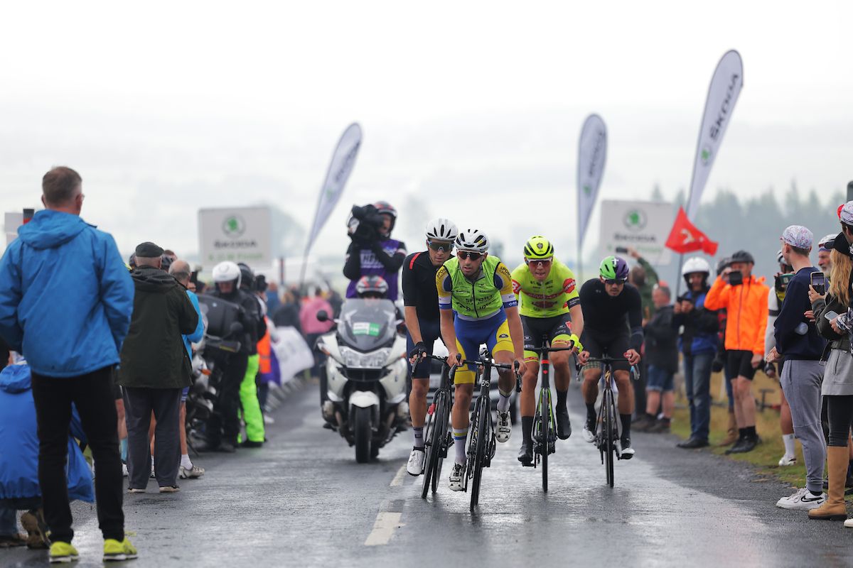 Picture by Alex WhiteheadSWpixcom 06092022 Cycling 2022 AJ Bell Tour of Britain Stage 3 Durham to Sunderland England Kamiel Bonneuof Team Sport Vlaanderen Baloise with Ben Perry of Team WIV Sungod and Mathijs Paaschens of Team Bingoal Pauwels Sauces WB and Alex Richardson of Team Saint Piran in the breakaway climbing Billy Lane