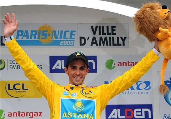 Alberto Contador (Astana) dons the first yellow jersey at Paris-Nice.