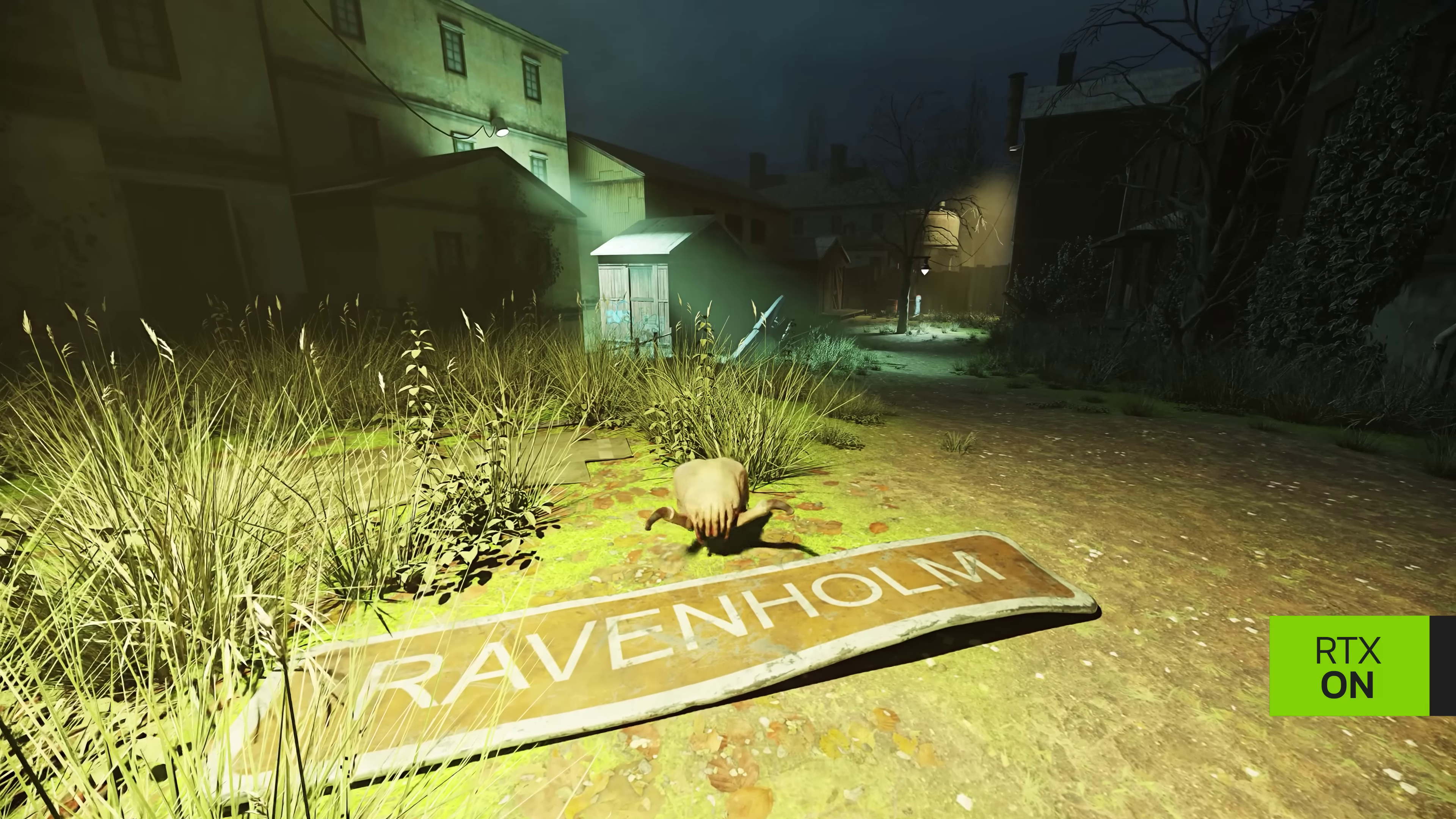 A screenshot from the Ravenholm trailer for Half-Life 2 RTX.