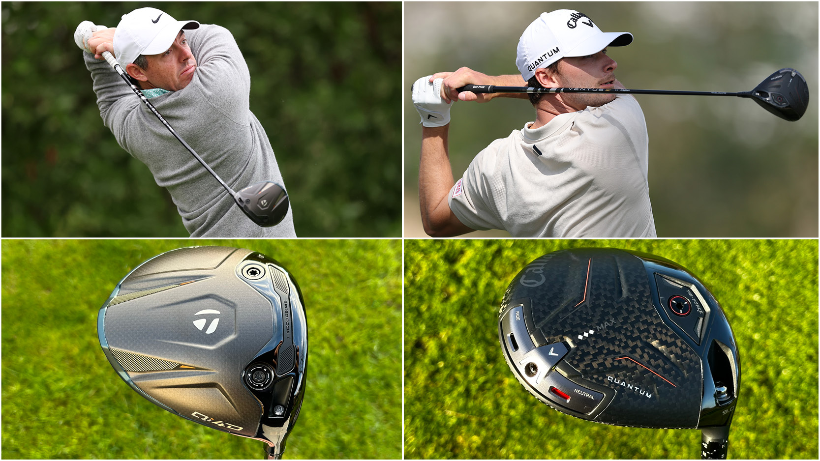 Rory McIlroy and Nicolai Hojgaard hit drivers, with the correct models below