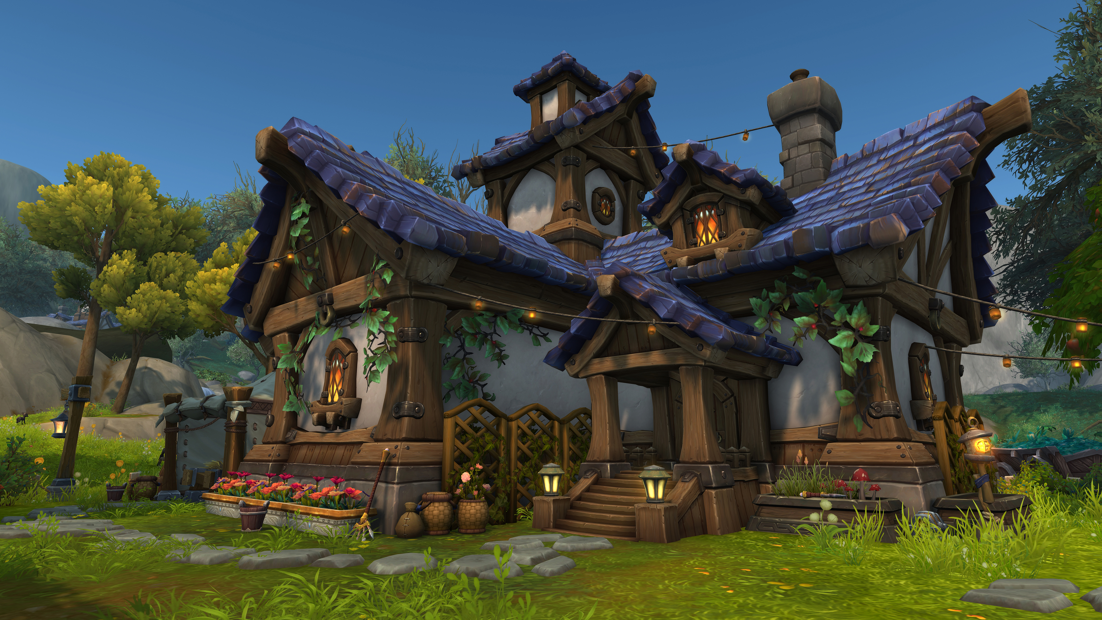 A screenshot of a World of Warcraft's player housing. A purple-roofed house with vines draped over it rests in a valley.