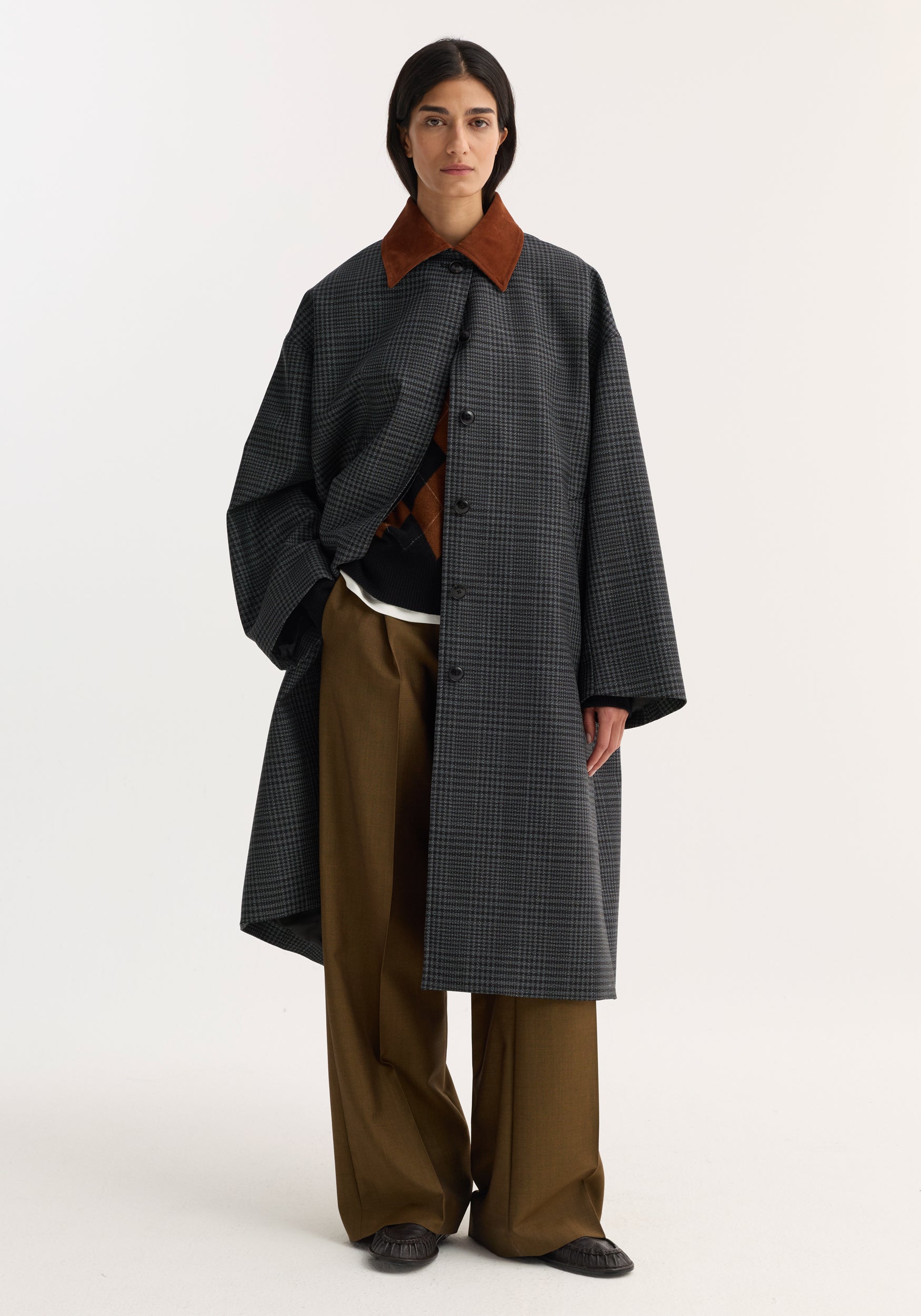 Suede Collar Check Coat | Black / Grey Check