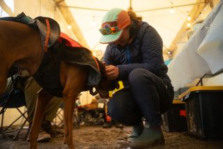 Evan Birch tends to his dog at an aid station